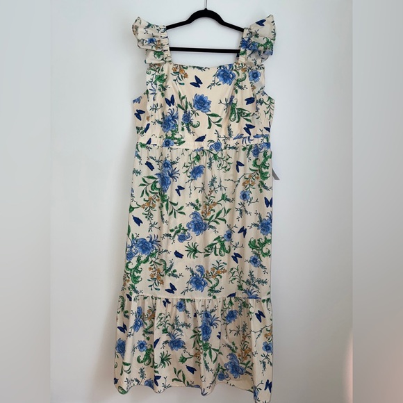 London Times Woman Floral Ruffle Strap Maxi Dress Size 18W Blue Green White - Picture 1 of 11